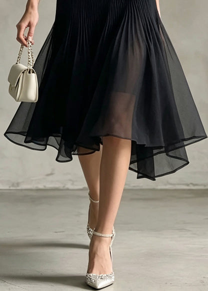 Chic Black Asymmetrical Patchwork Tulle Skirt Fall
