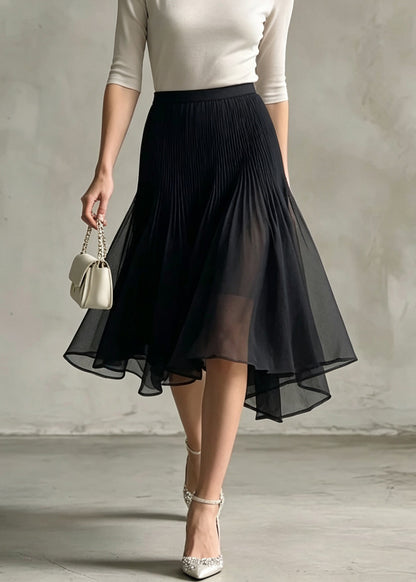 Chic Black Asymmetrical Patchwork Tulle Skirt Fall