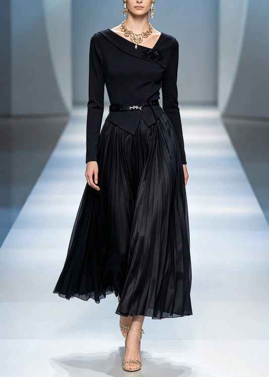 Chic Black Asymmetrical Patchwork Tunic Vacation Maxi Dresses Fall