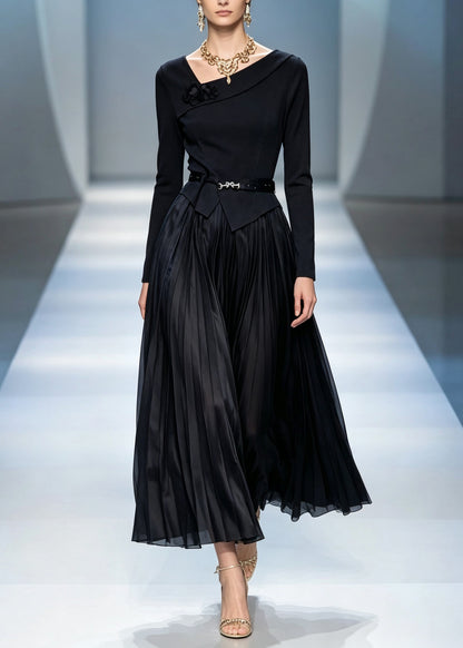 Chic Black Asymmetrical Patchwork Tunic Vacation Maxi Dresses Fall