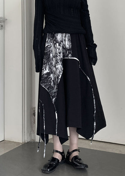 Chic Black Asymmetrical Print Cotton A Line Skirt Spring
