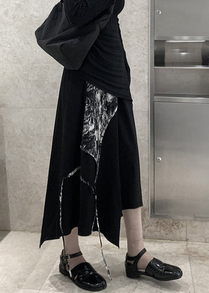 Chic Black Asymmetrical Print Cotton A Line Skirt Spring