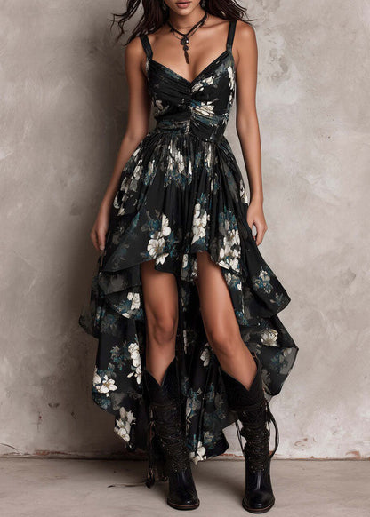 Chic Black Asymmetrical Print Cotton Spaghetti Strap Dress Summer