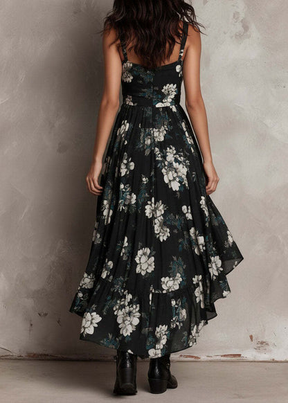 Chic Black Asymmetrical Print Cotton Spaghetti Strap Dress Summer
