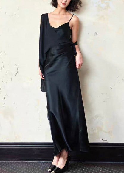 Chic Black Asymmetrical Side Open Silk Dresses Sleeveless