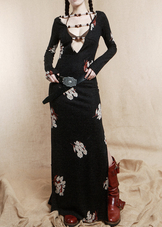 Chic Black Beading Wear On Both Sides Cotton Dress Long Sleeve