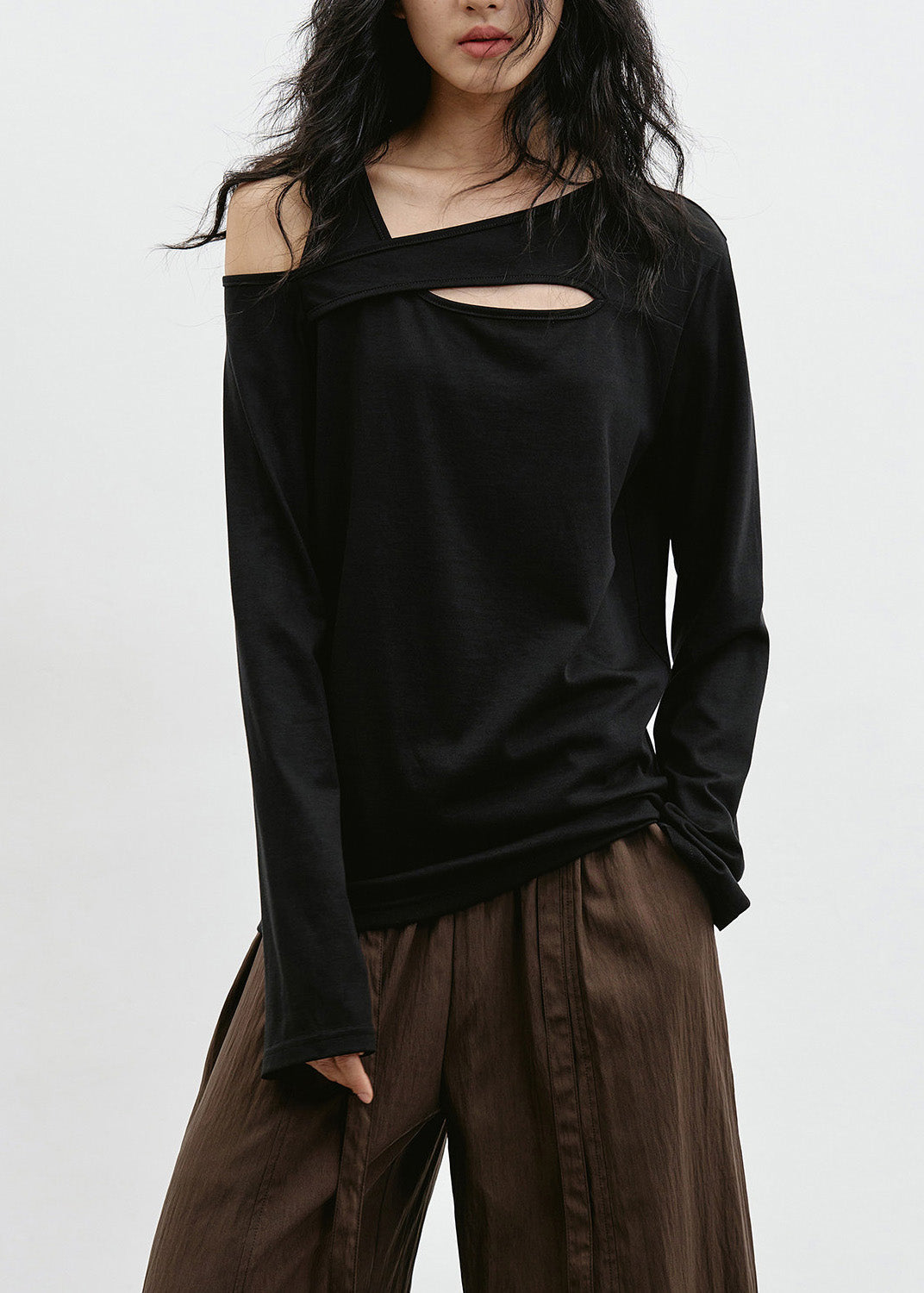 Chic Black Cold Shoulder Patchwork Cotton T Shirt Top Spring