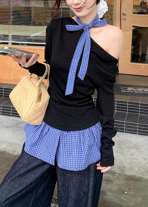 Chic Black Cold Shoulder Plaid Patchwork Cotton T Shirts Fall