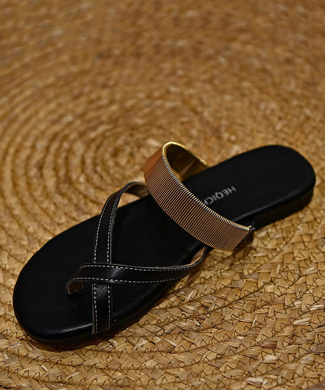 Chic Black Cowhide Leather Thong Sandals