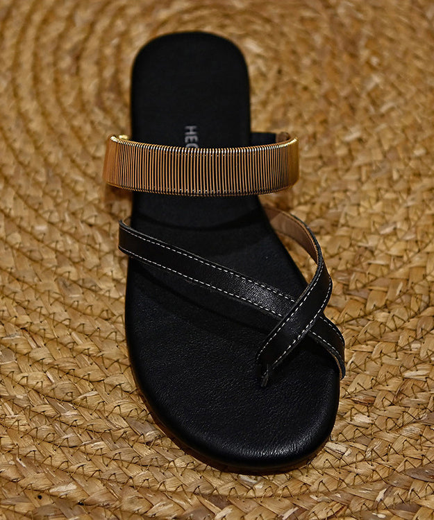 Chic Black Cowhide Leather Thong Sandals