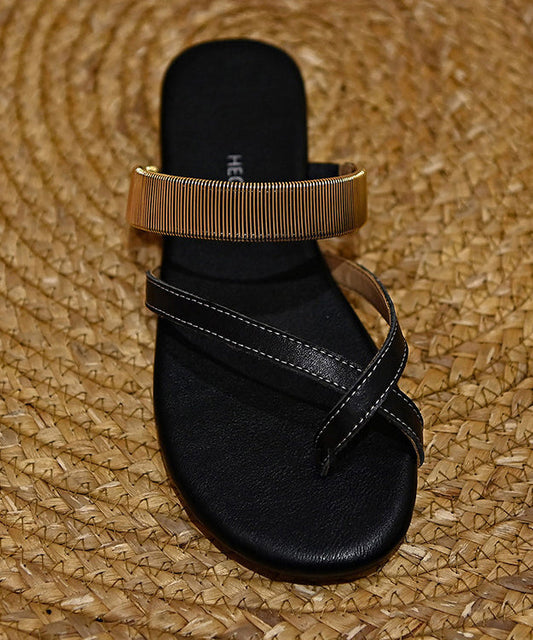 Chic Black Cowhide Leather Thong Sandals