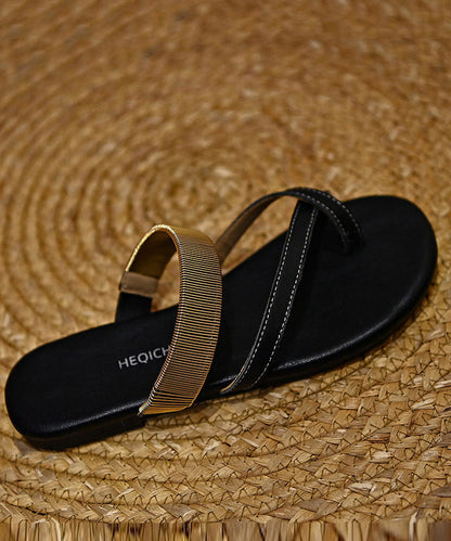 Chic Black Cowhide Leather Thong Sandals