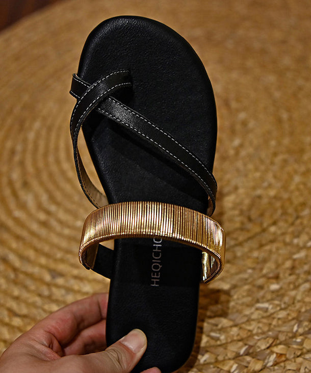 Chic Black Cowhide Leather Thong Sandals