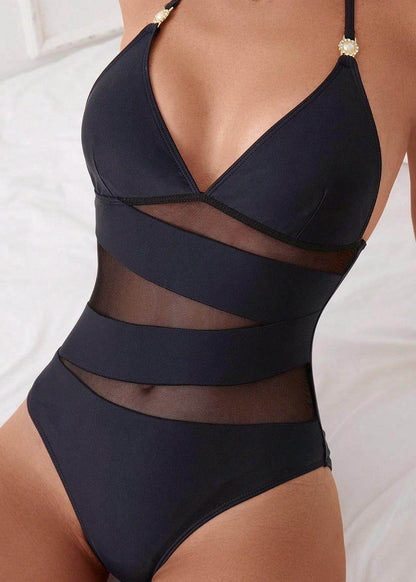 Chic Black Halter Lace Up Backless Tulle Bodysuit Swimwear