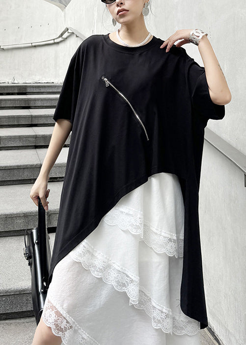 Chic Black Hollow Out Zip Up Asymmetrical Cotton T Shirt Summer