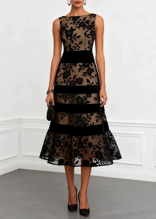 Chic Black Jacquard Patchwork Tulle Dress Sleeveless