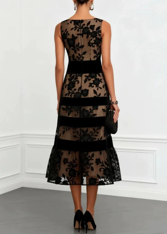 Chic Black Jacquard Patchwork Tulle Dress Sleeveless