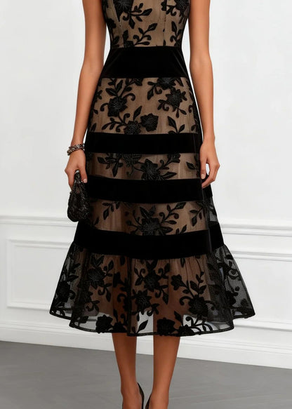 Chic Black Jacquard Patchwork Tulle Dress Sleeveless