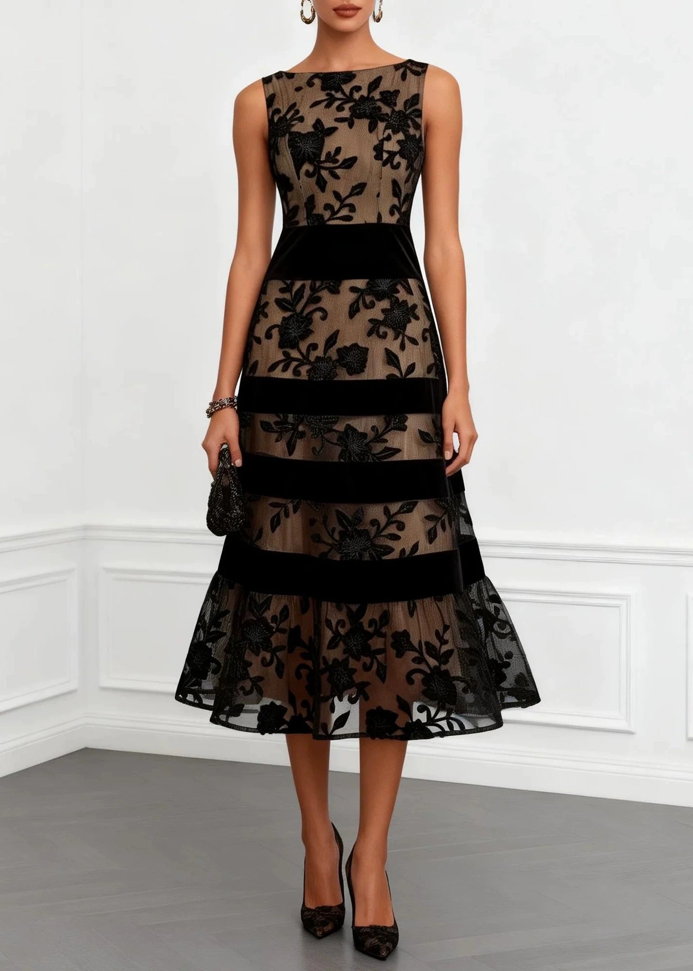 Chic Black Jacquard Patchwork Tulle Dress Sleeveless