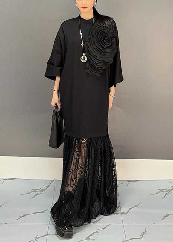 Chic Black Lace Patchwork Floral Maxi Dresses Fall