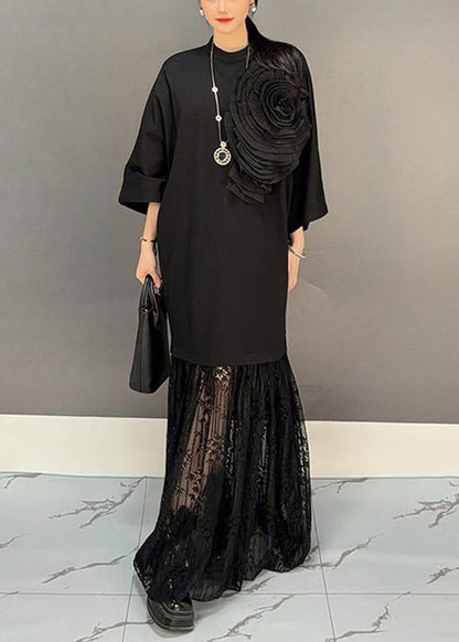 Chic Black Lace Patchwork Floral Maxi Dresses Fall