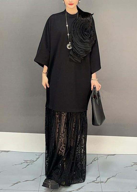 Chic Black Lace Patchwork Floral Maxi Dresses Fall