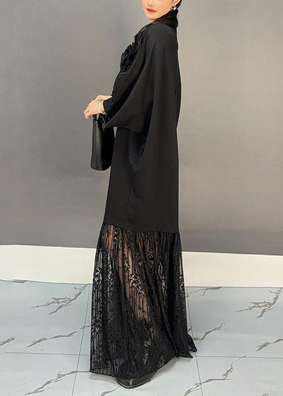 Chic Black Lace Patchwork Floral Maxi Dresses Fall