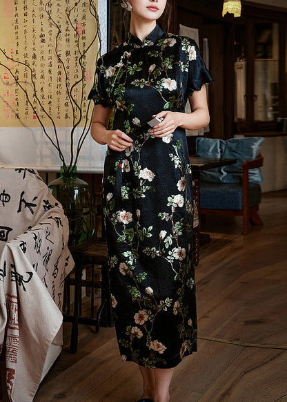 Chic Black Mandarin Collar Print Silk Dresses Summer