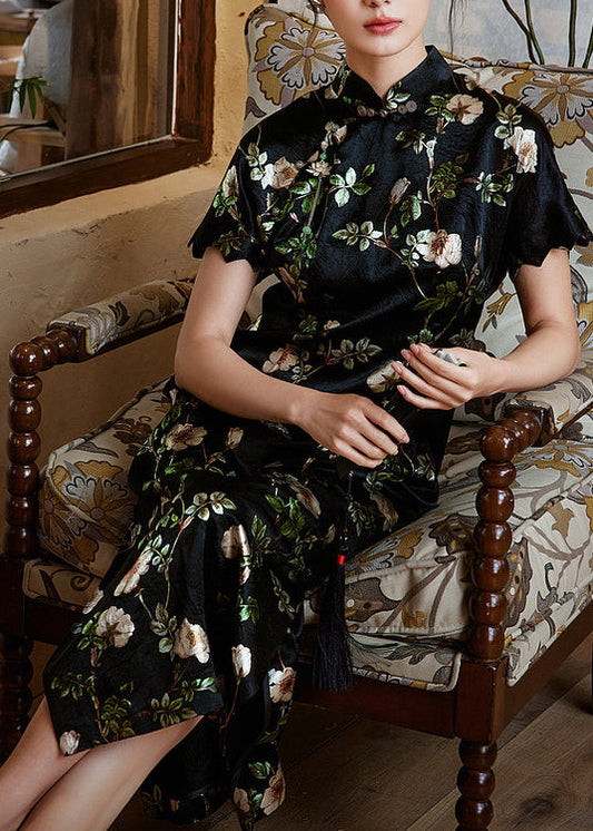 Chic Black Mandarin Collar Print Silk Dresses Summer
