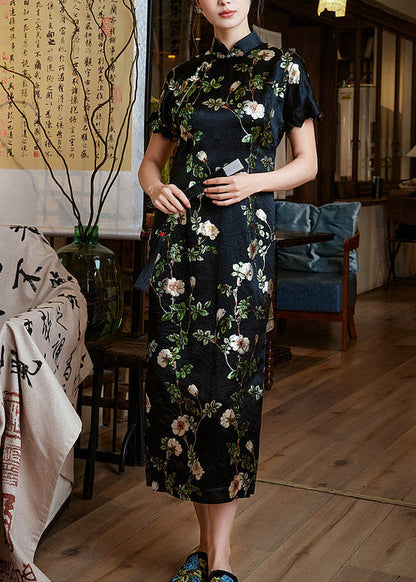 Chic Black Mandarin Collar Print Silk Dresses Summer