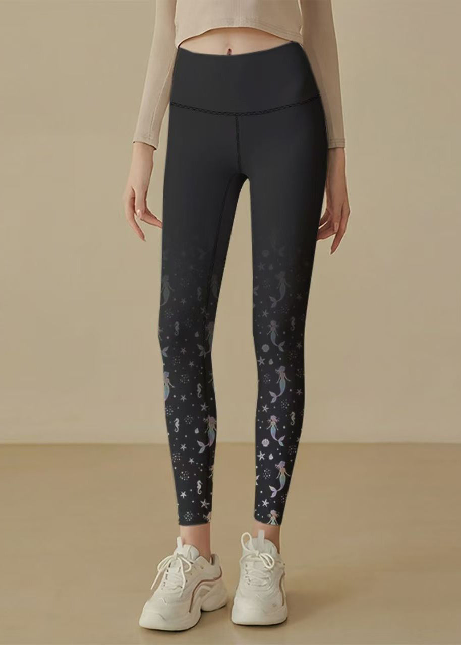 Chic Black Mermaid Print Super Stretch High Waist Capri Riding Leggings
