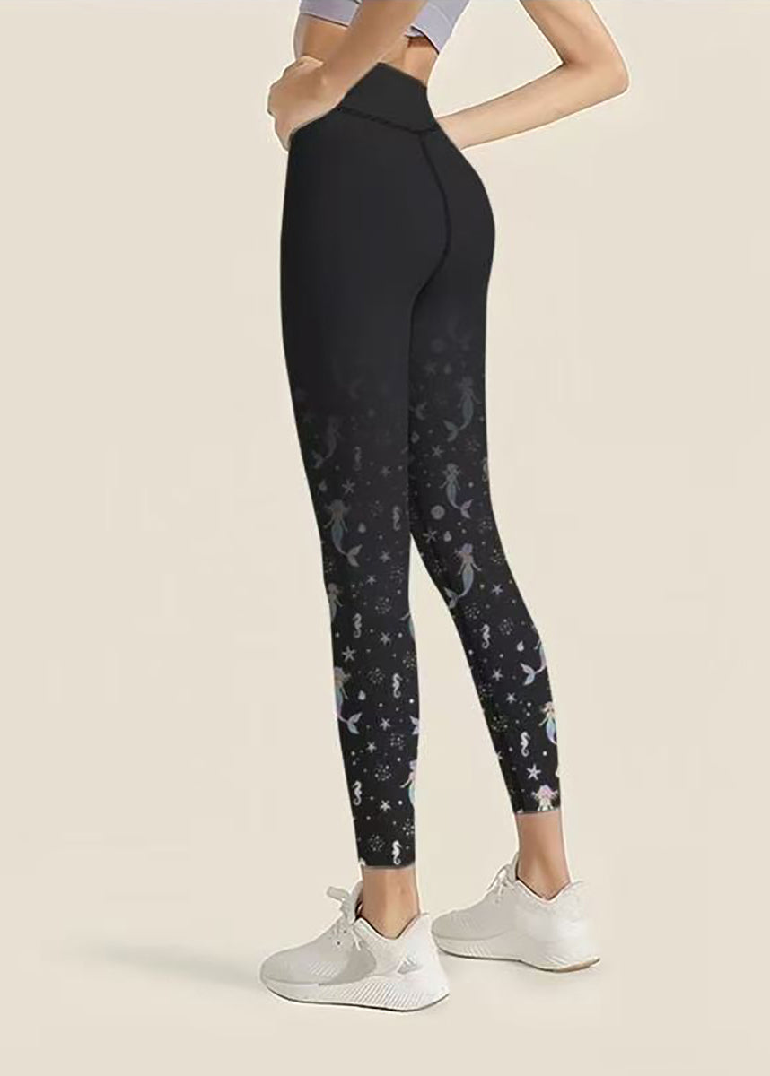 Chic Black Mermaid Print Super Stretch High Waist Capri Riding Leggings