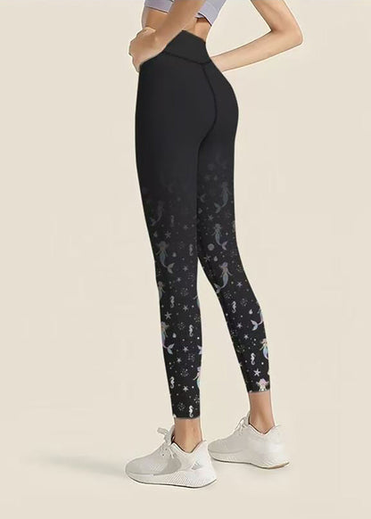 Chic Black Mermaid Print Super Stretch High Waist Capri Riding Leggings
