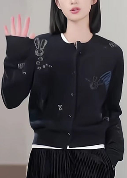 Chic Black O Neck Button Print Knit Coat Fall