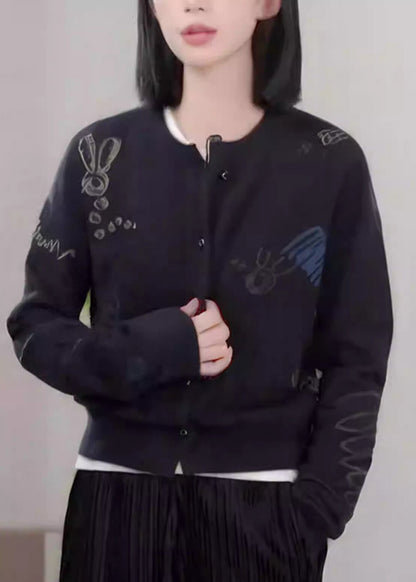 Chic Black O Neck Button Print Knit Coat Fall