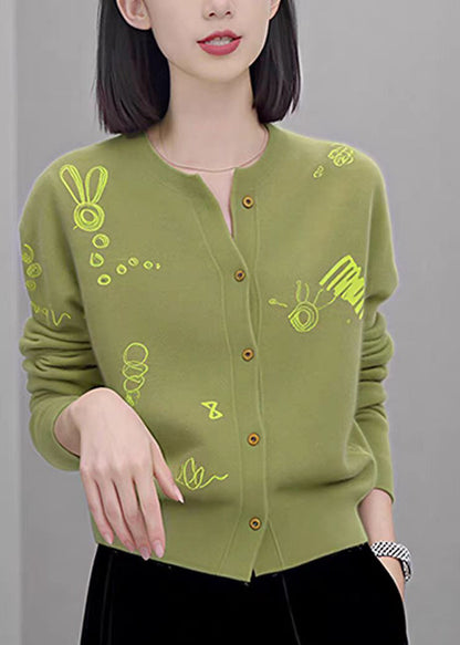 Chic Black O Neck Button Print Knit Coat Fall