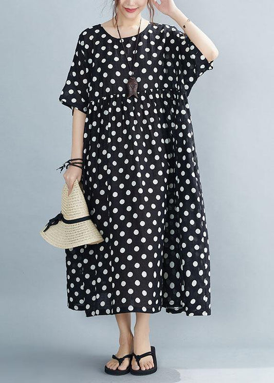 Chic Black O-Neck Dot Summer Maxi Dresses Half Sleeve - SooLinen
