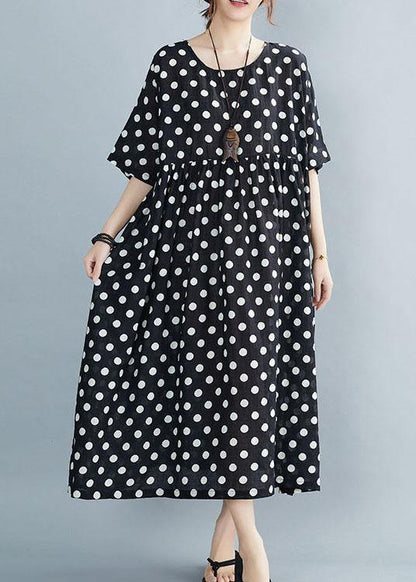 Chic Black O-Neck Dot Summer Maxi Dresses Half Sleeve - SooLinen