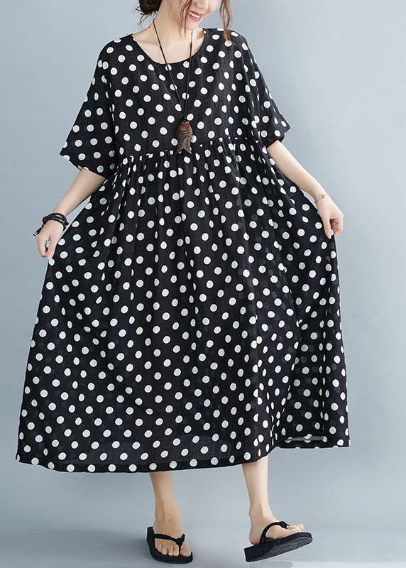 Chic Black O-Neck Dot Summer Maxi Dresses Half Sleeve - SooLinen