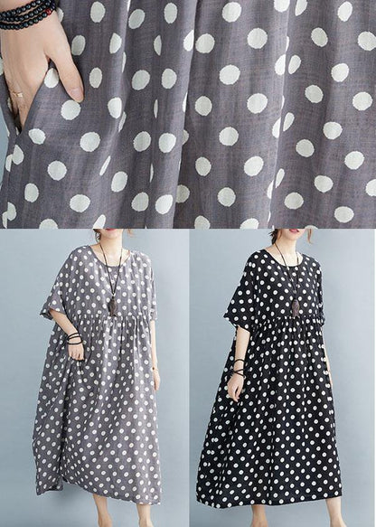 Chic Black O-Neck Dot Summer Maxi Dresses Half Sleeve - SooLinen