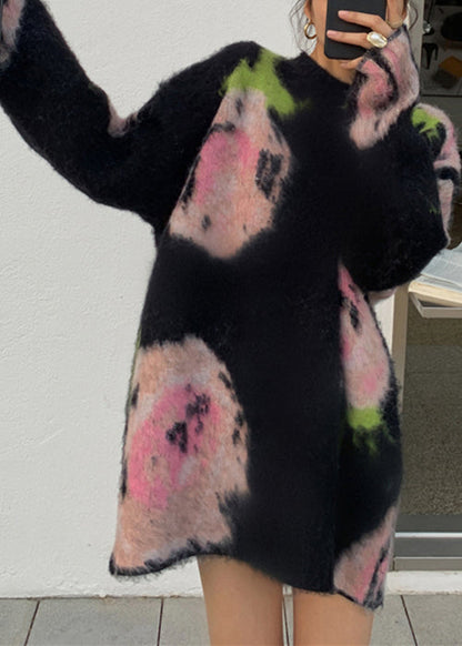 Chic Black O Neck  Cozy Cotton Knit Mid Dress Long Sleeve