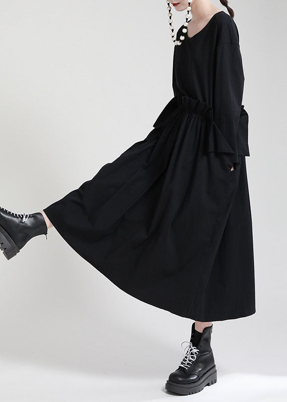 Chic Black O-Neck Patchwork Pockets Fall Dress Long sleeve