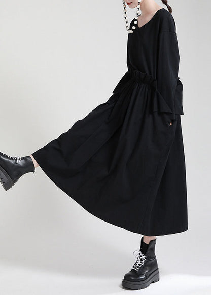 Chic Black O-Neck Patchwork Pockets Fall Dress Long sleeve