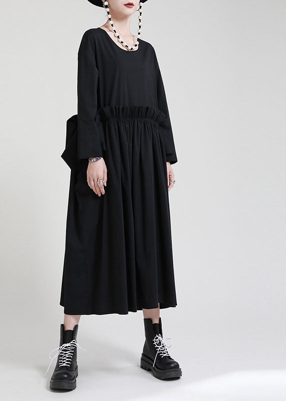 Chic Black O-Neck Patchwork Pockets Fall Dress Long sleeve