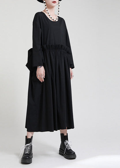 Chic Black O-Neck Patchwork Pockets Fall Dress Long sleeve