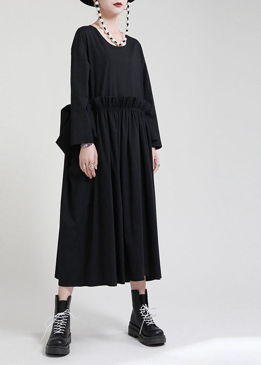 Chic Black O-Neck Patchwork Pockets Fall Dress Long sleeve