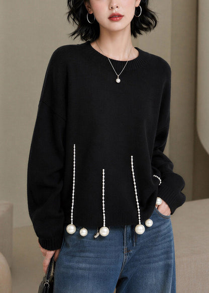 Chic Black O-Neck Pearl Patchwork Cotton Knit Sweaters Long Sleeve