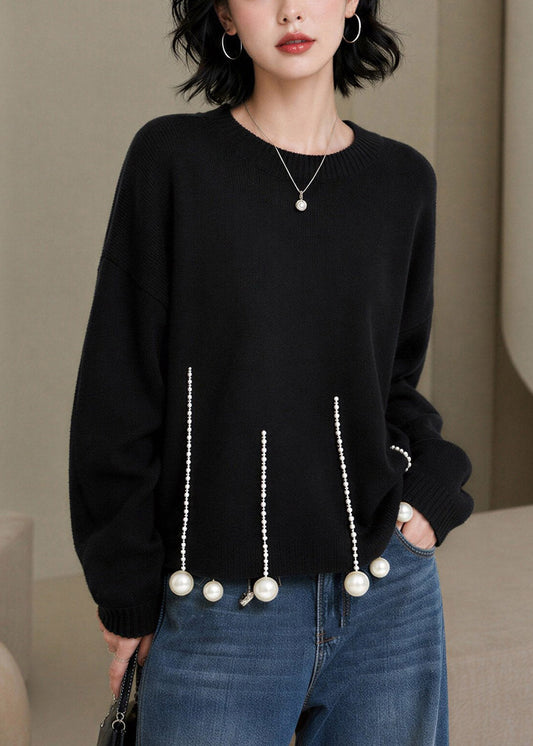 Chic Black O-Neck Pearl Patchwork Cotton Knit Sweaters Long Sleeve