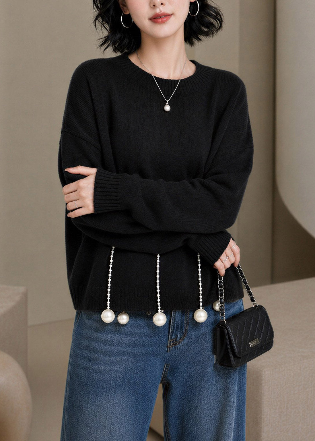 Chic Black O-Neck Pearl Patchwork Cotton Knit Sweaters Long Sleeve