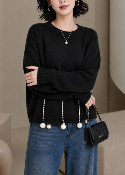 Chic Black O-Neck Pearl Patchwork Cotton Knit Sweaters Long Sleeve